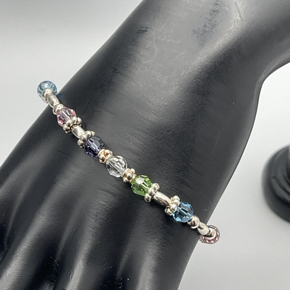 Silver Bracelet Toggle Clasp 7.5" Multicolor Pastel Faceted Crystal Beads Tested